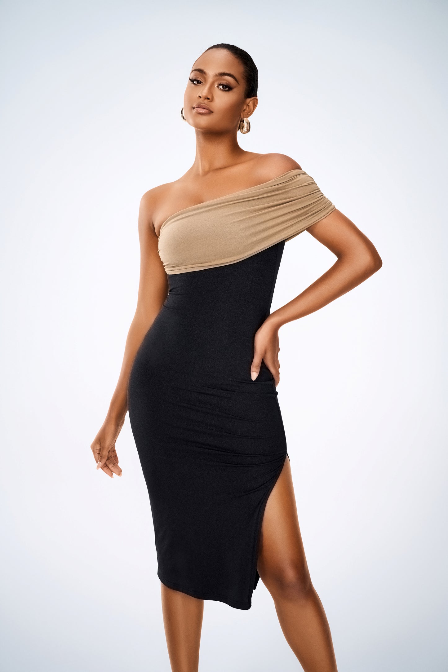 Off-Shoulder Split Hem Midi Dress – Women’s Elegant Bodycon Party Outfit