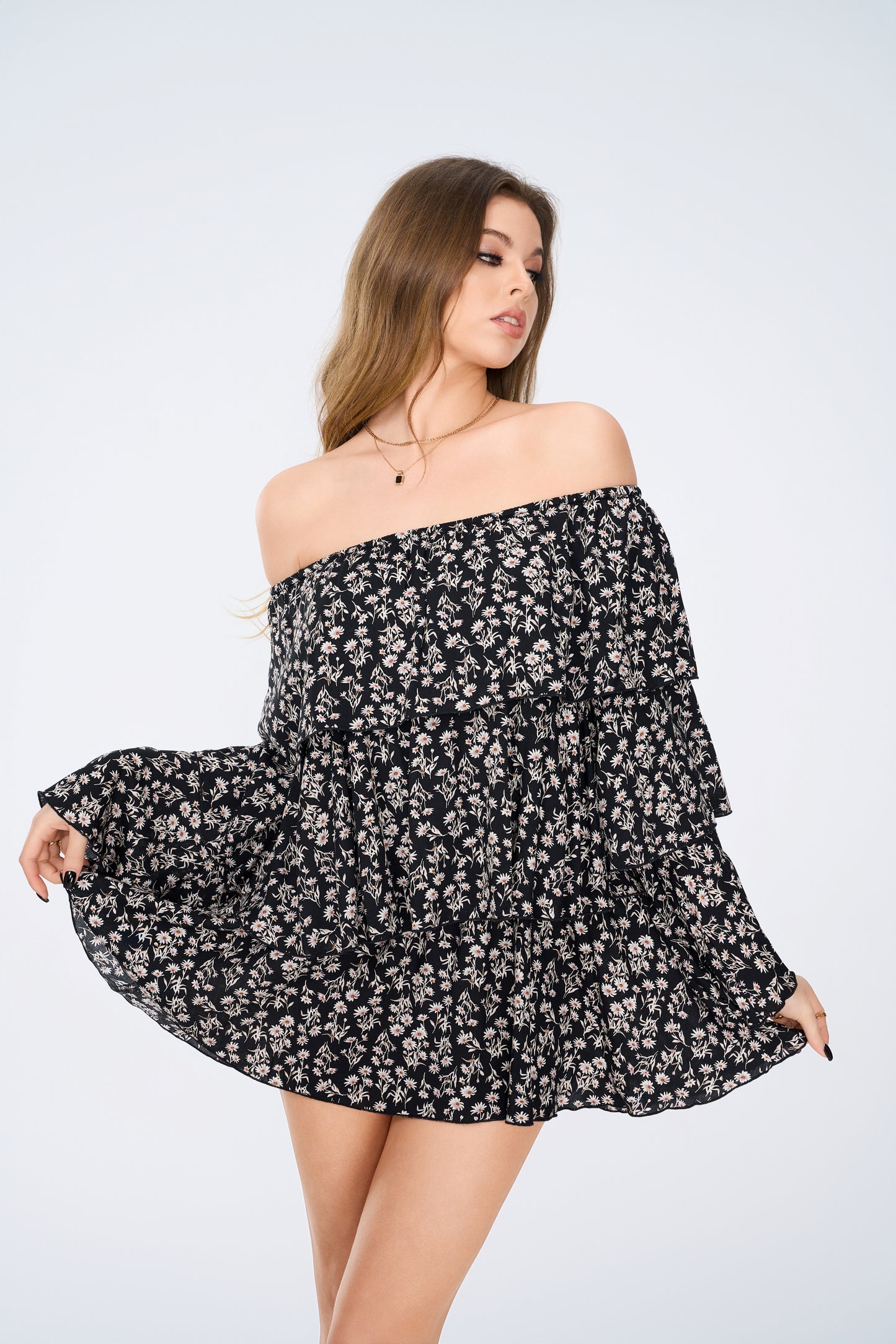 ACER LONG SLEEVE MINI DRESS BLACK / FLORAL