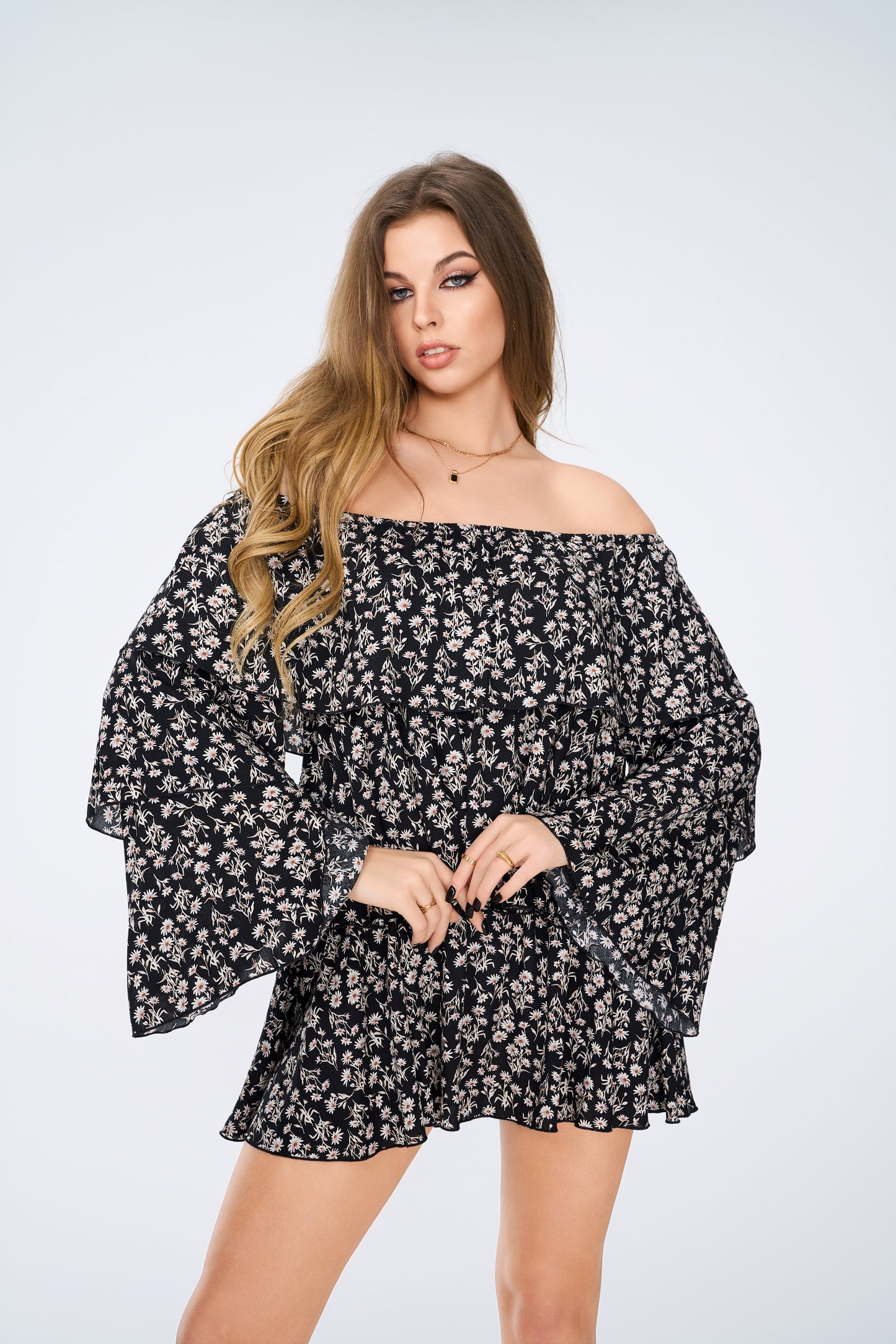 ACER LONG SLEEVE MINI DRESS BLACK / FLORAL