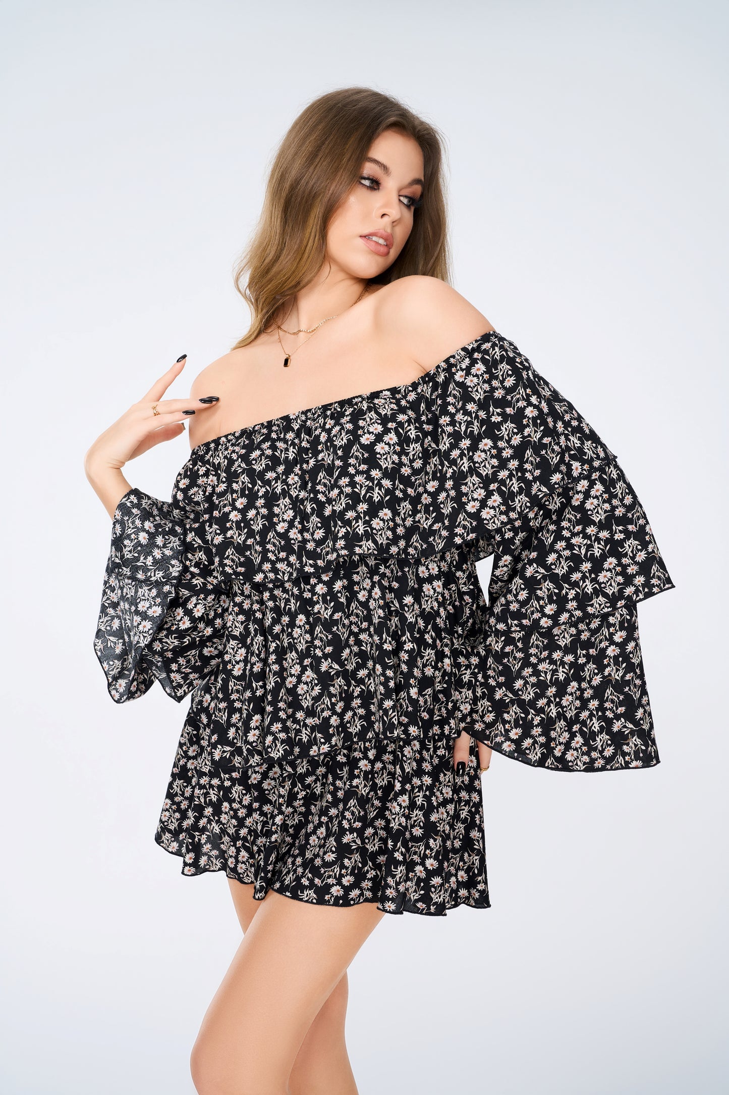 ACER LONG SLEEVE MINI DRESS BLACK / FLORAL