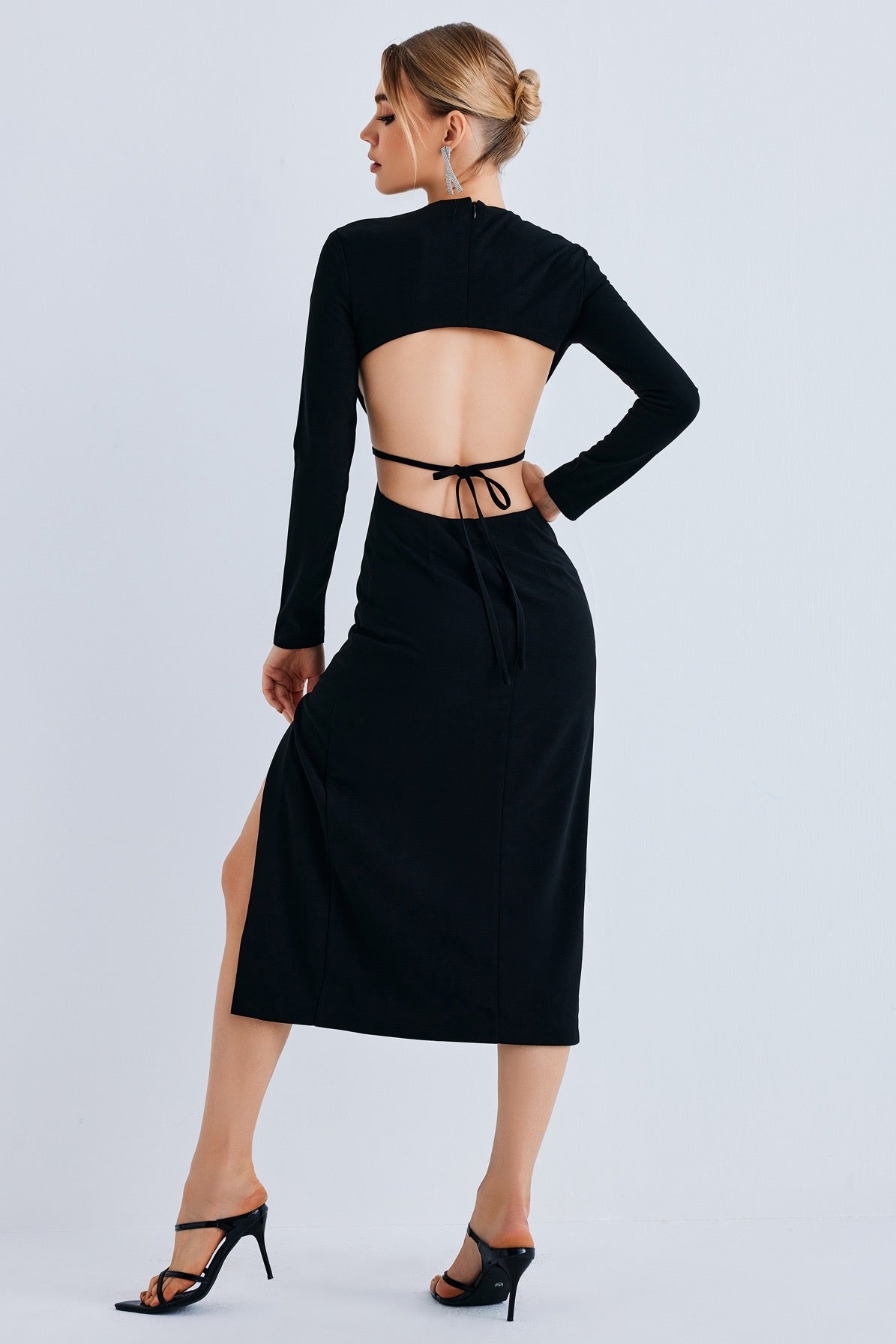 Backless Round Neck Long Sleeve Tie Back Dress