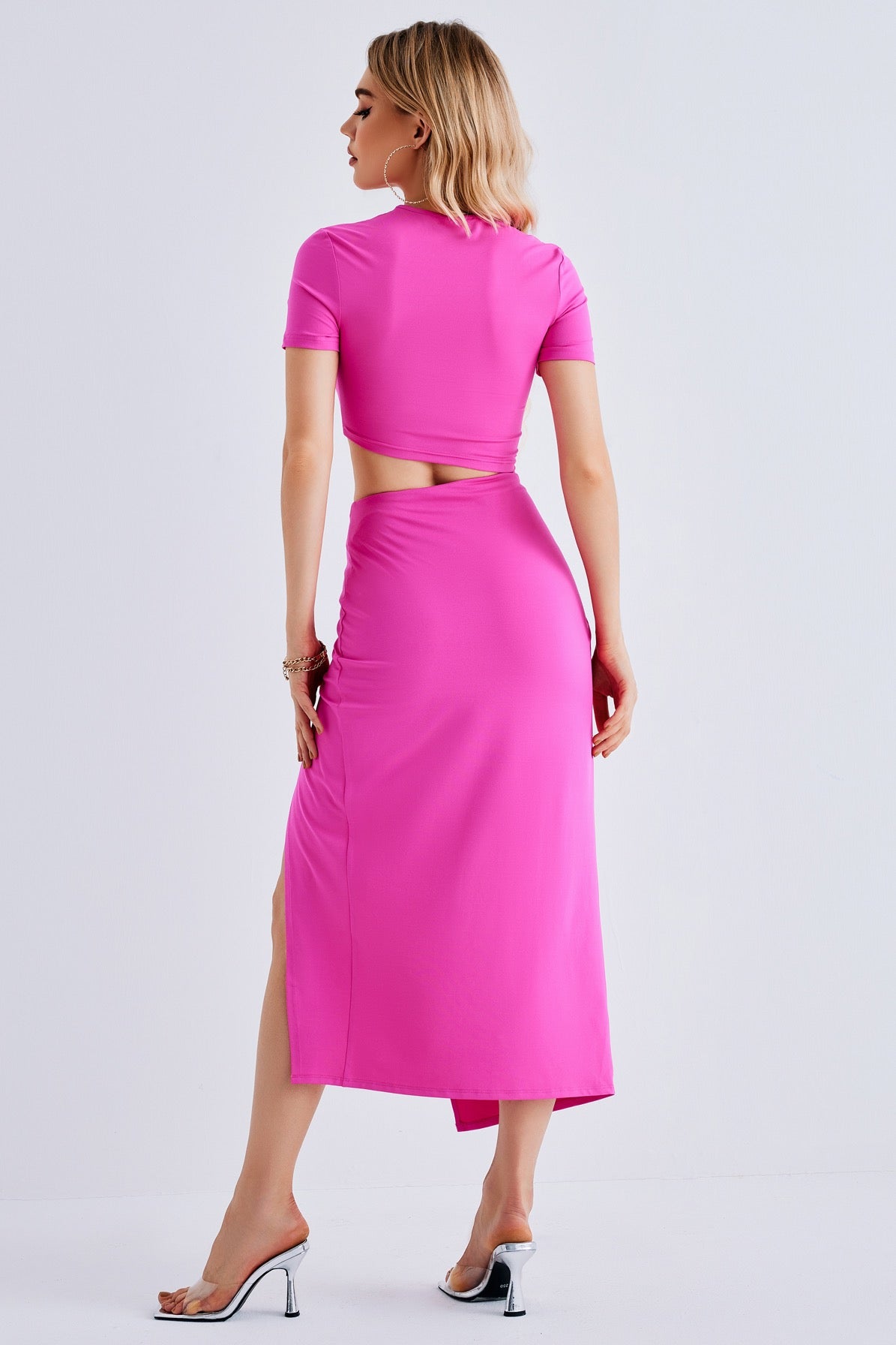 Cut Out Waist Split Side Pink Short Sleeve Dress