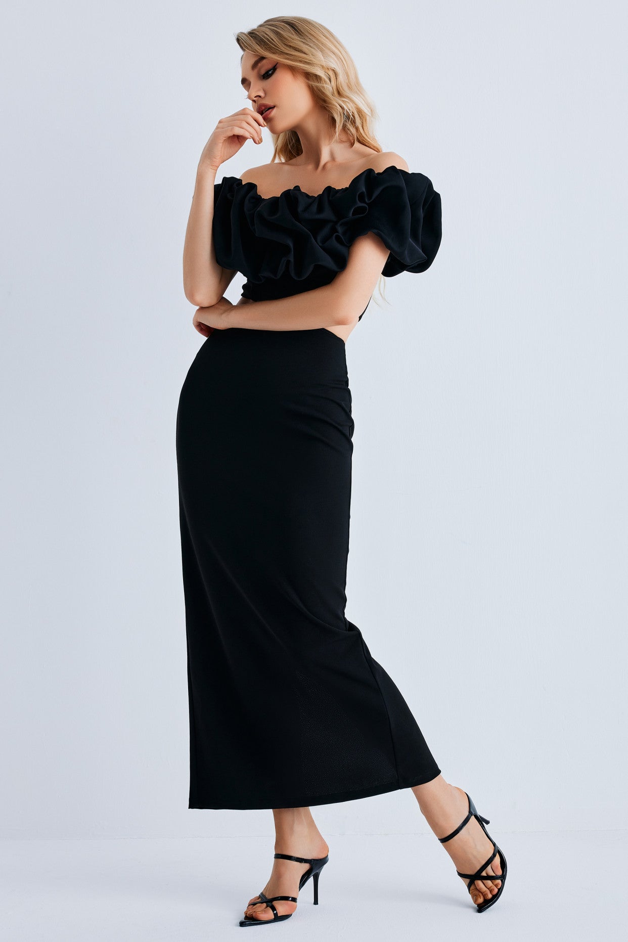 Women Off Shoulder Ruffle Bodycon Maxi Dress
