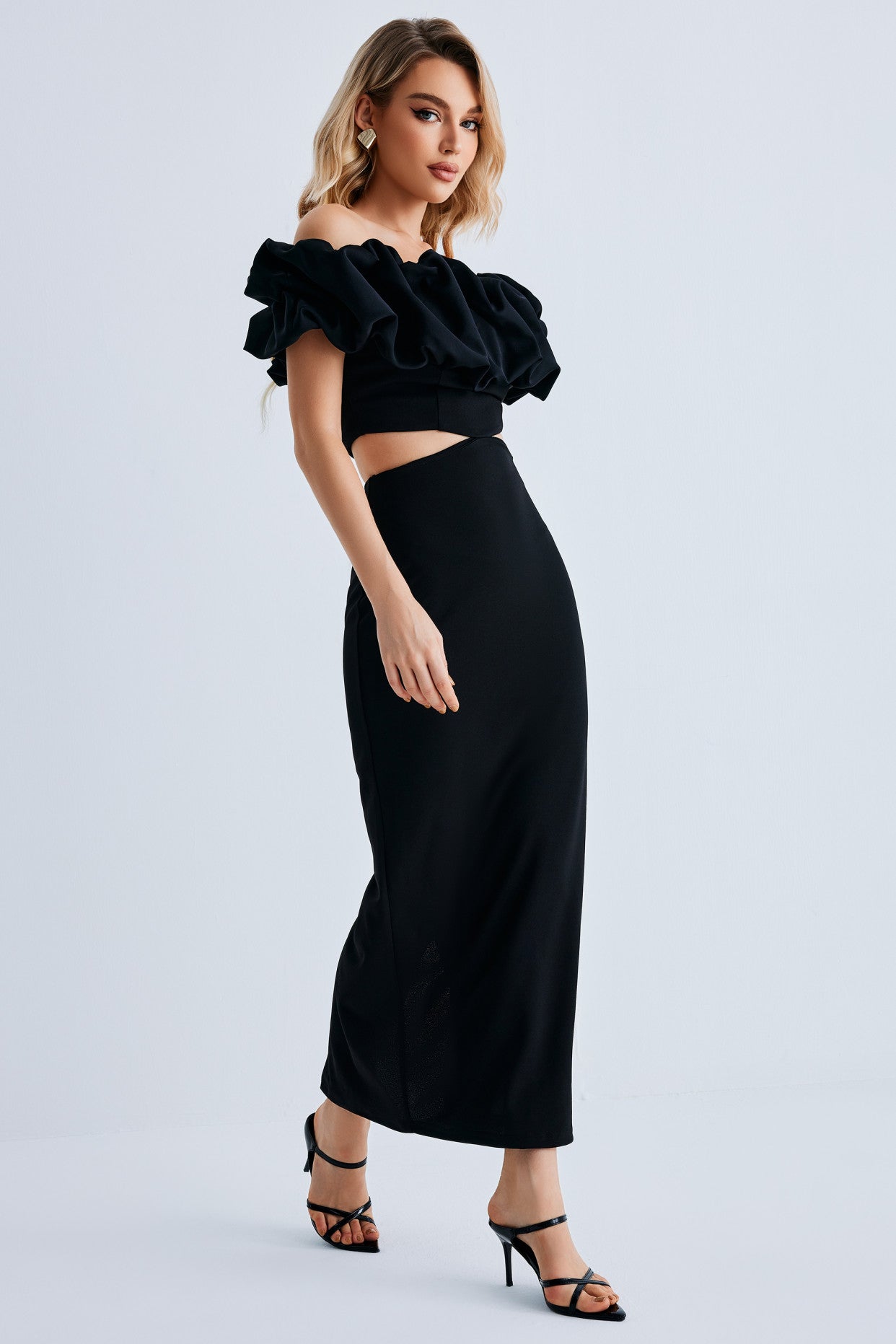 Women Off Shoulder Ruffle Bodycon Maxi Dress