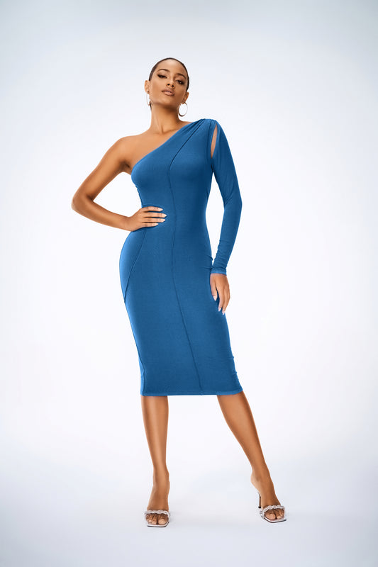 TOMER ONE SHOULDER MADI DRESS BLUE