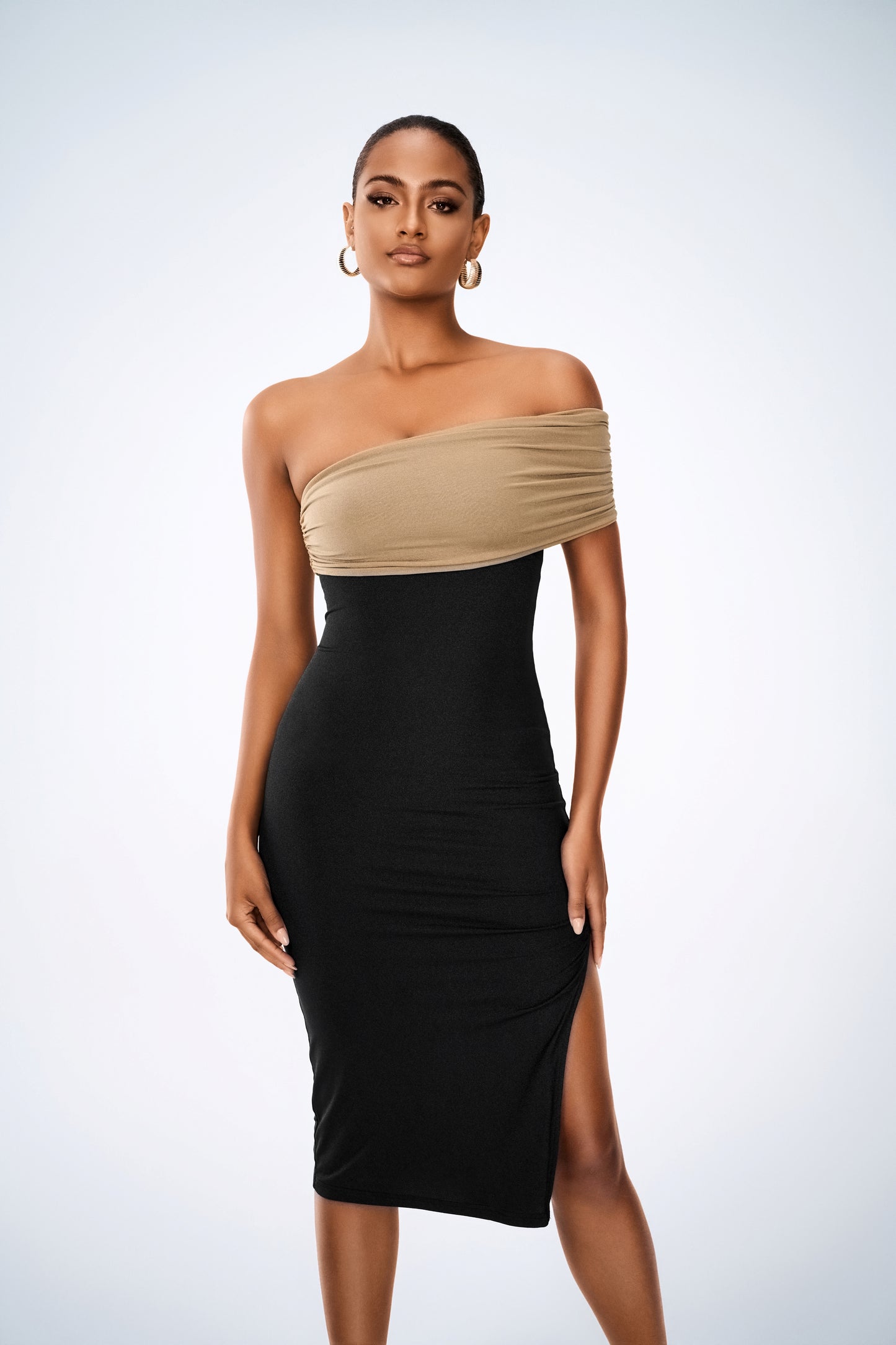 Off-Shoulder Split Hem Midi Dress – Women’s Elegant Bodycon Party Outfit