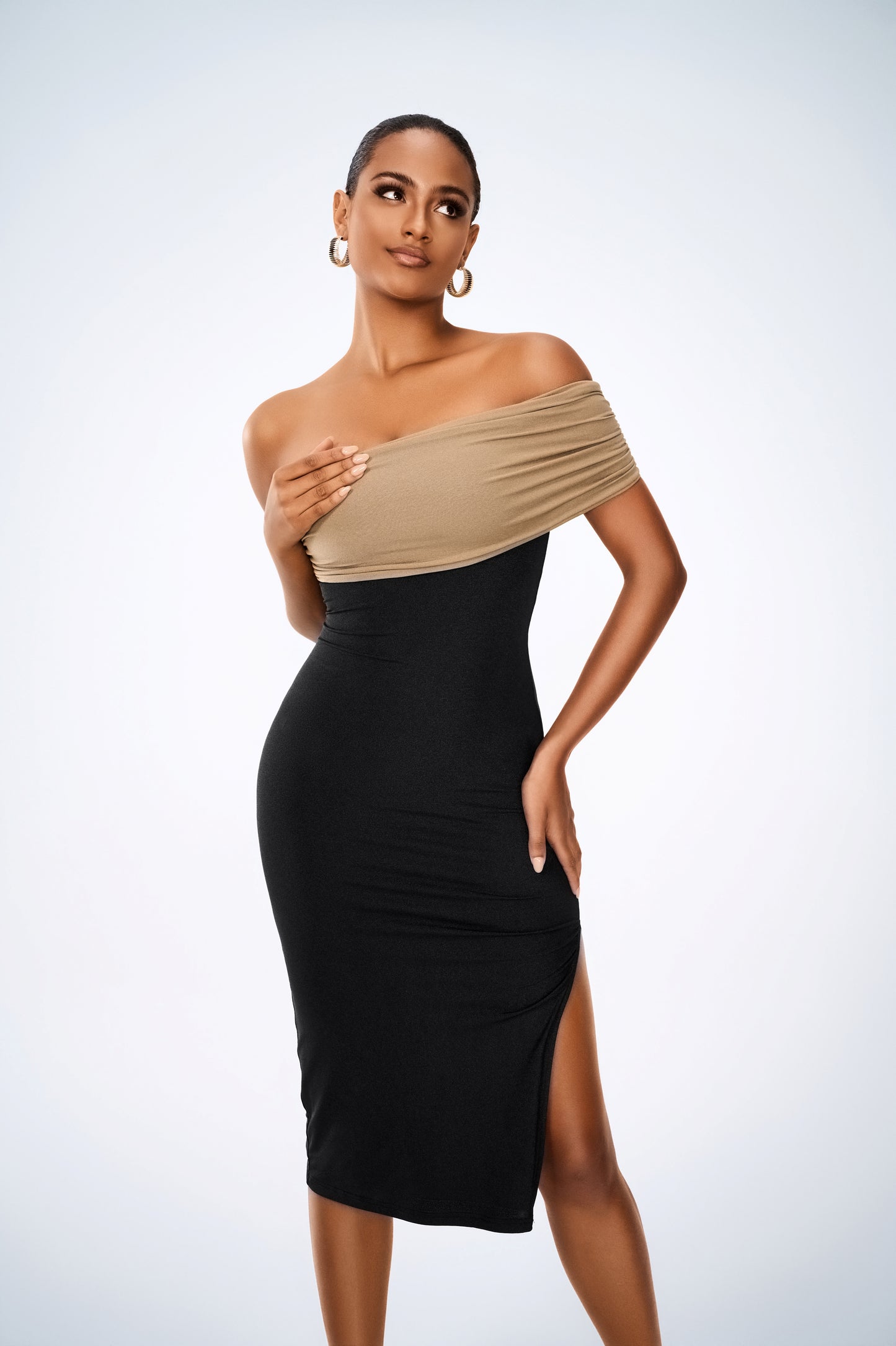 Off-Shoulder Split Hem Midi Dress – Women’s Elegant Bodycon Party Outfit