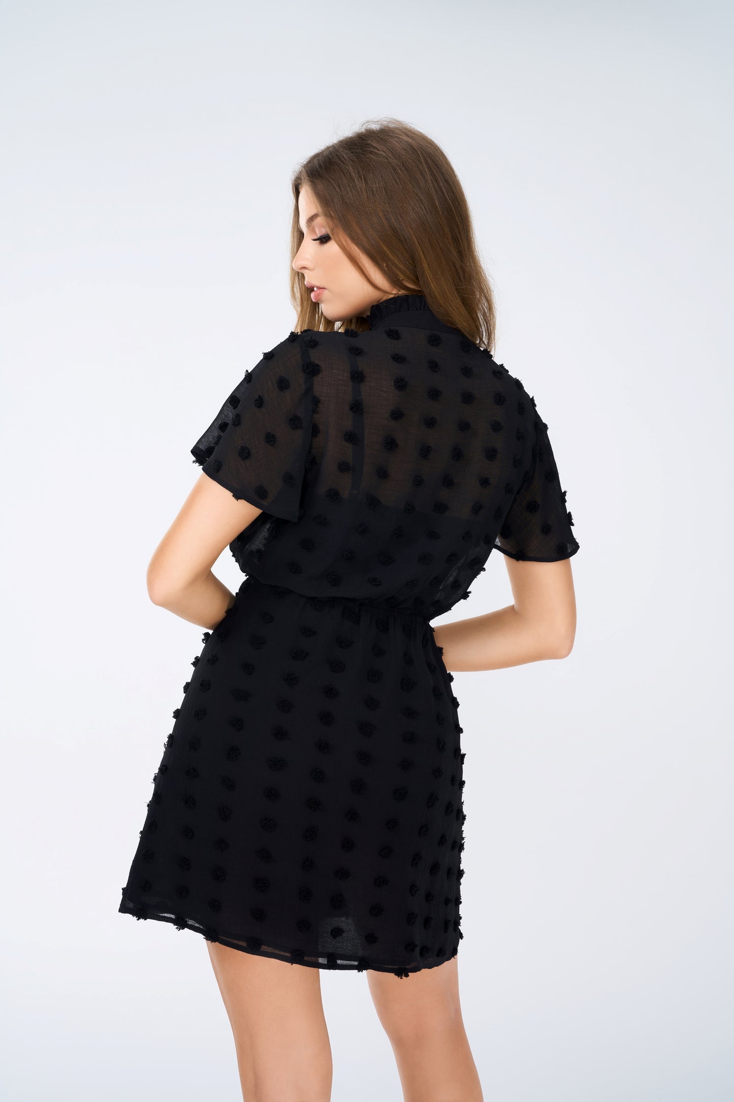 Swiss Dot Mesh Ruffle Sleeve Knot Front High Waist Stand Dress