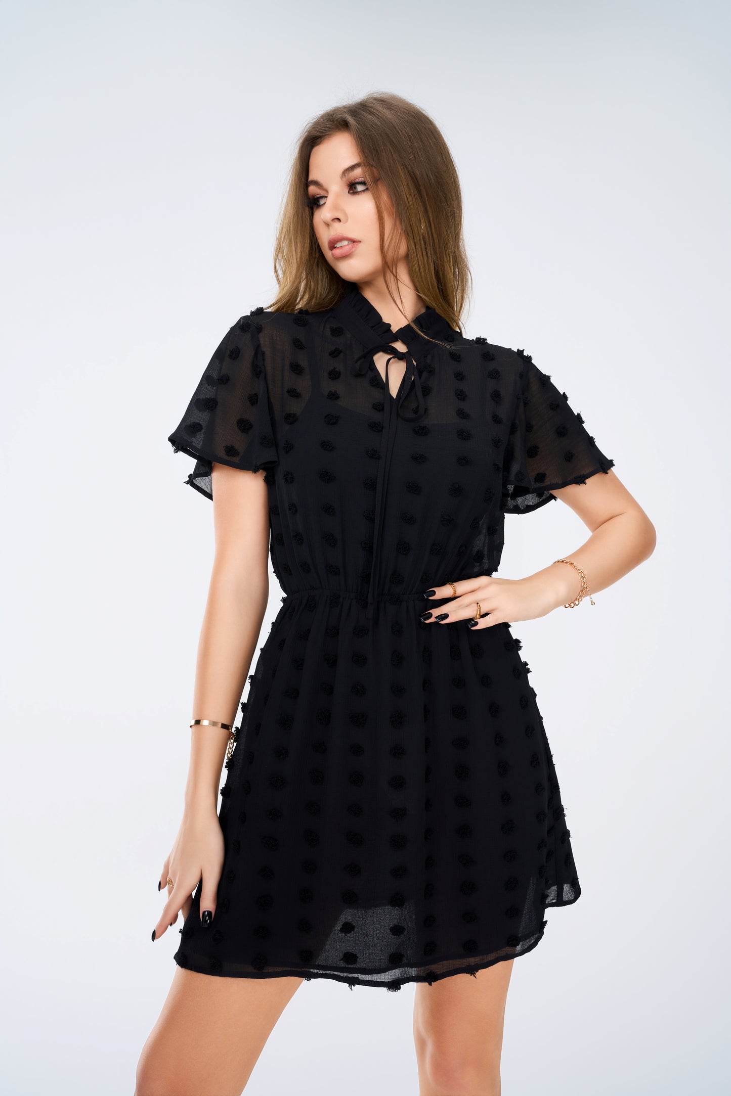 Swiss Dot Mesh Ruffle Sleeve Knot Front High Waist Stand Dress