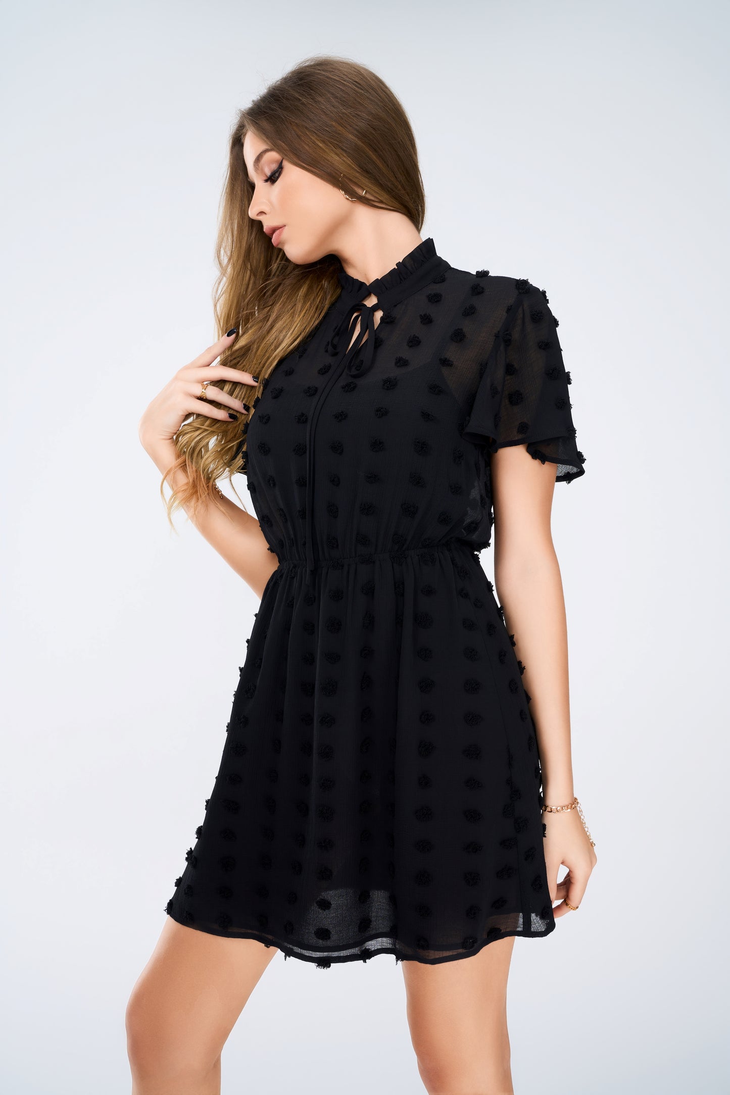 Swiss Dot Mesh Ruffle Sleeve Knot Front High Waist Stand Dress