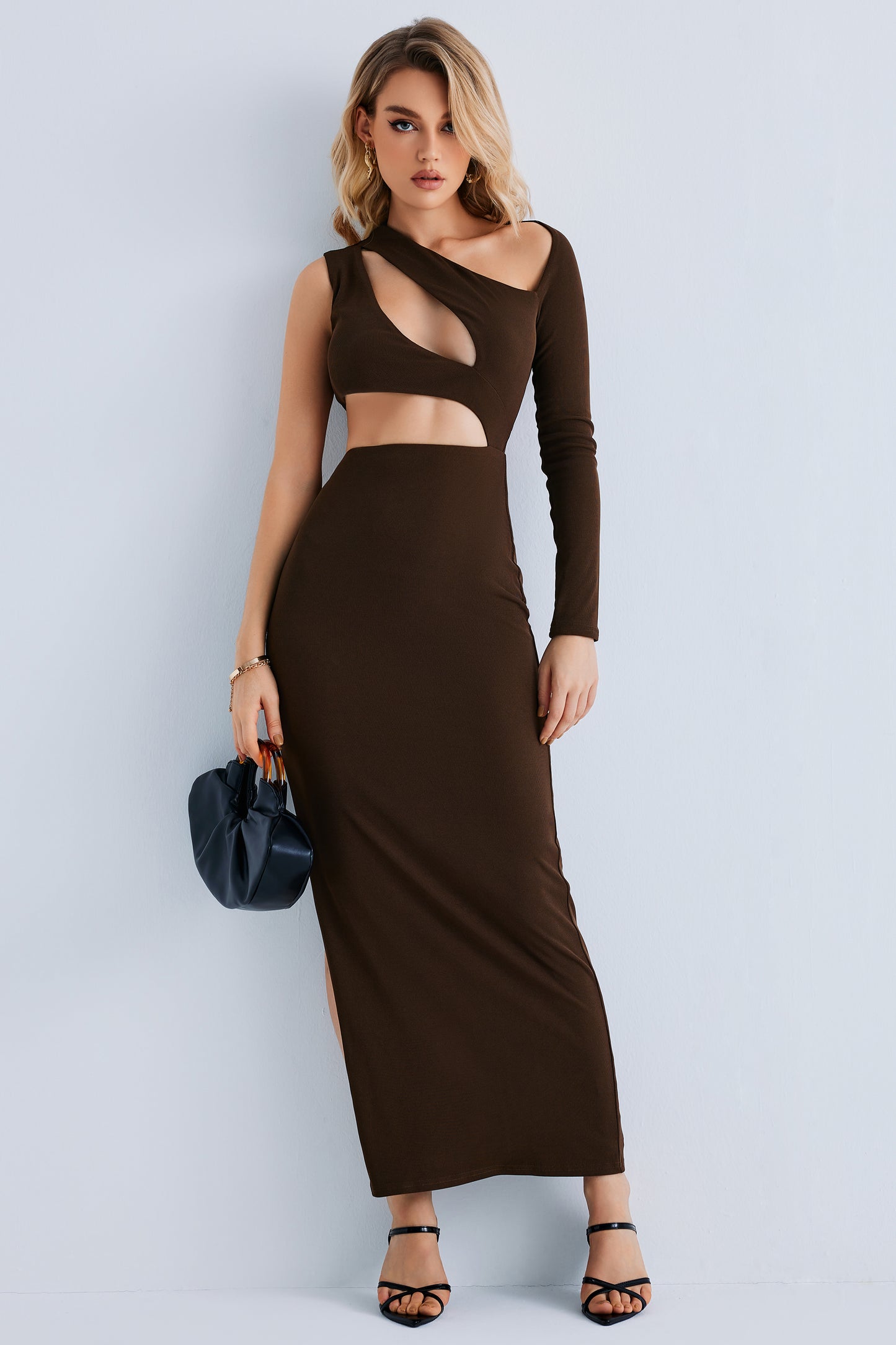 One Shoulder long Sleeve Cutout Side Slit Bodycon Maxi Long Dress