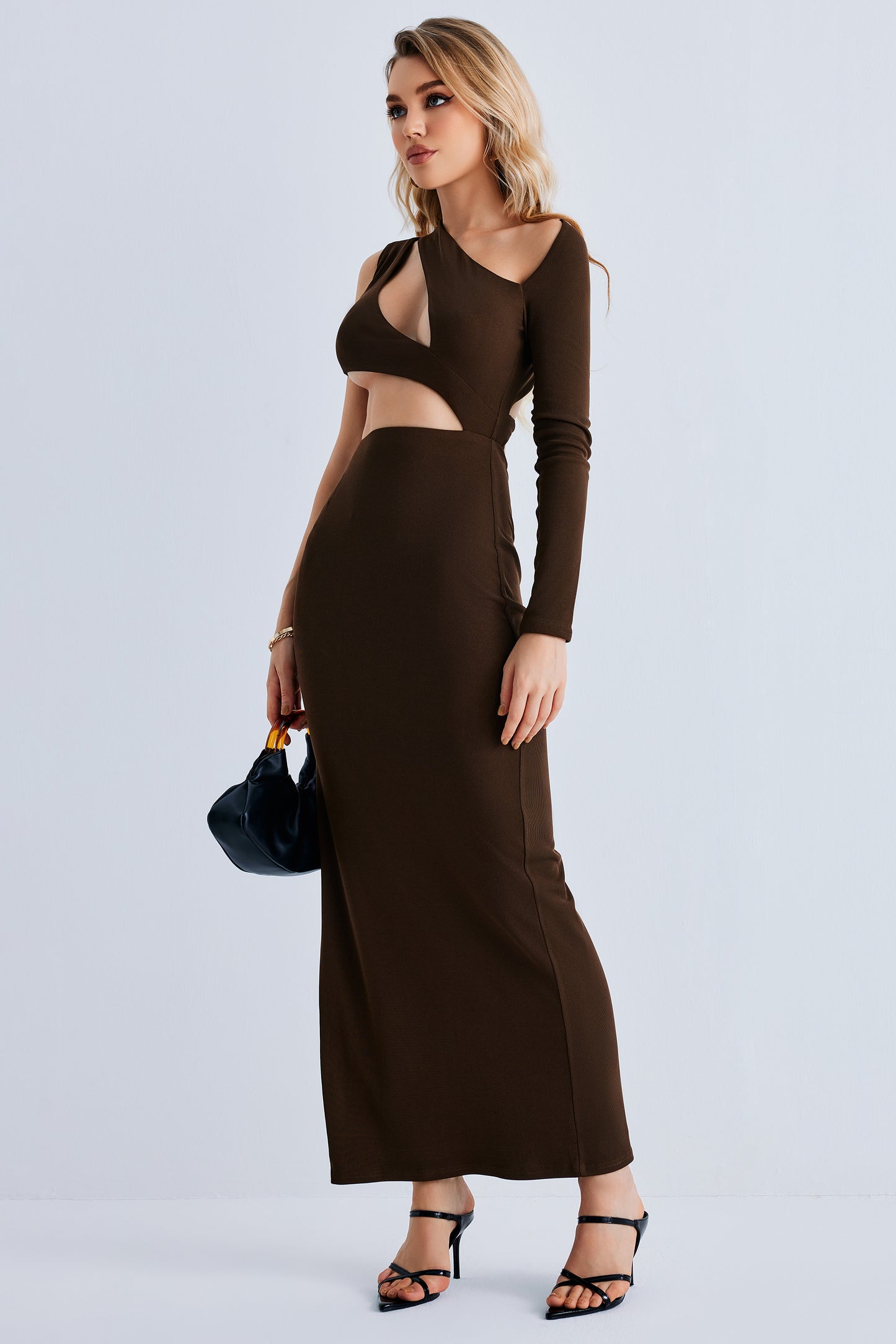 One Shoulder long Sleeve Cutout Side Slit Bodycon Maxi Long Dress