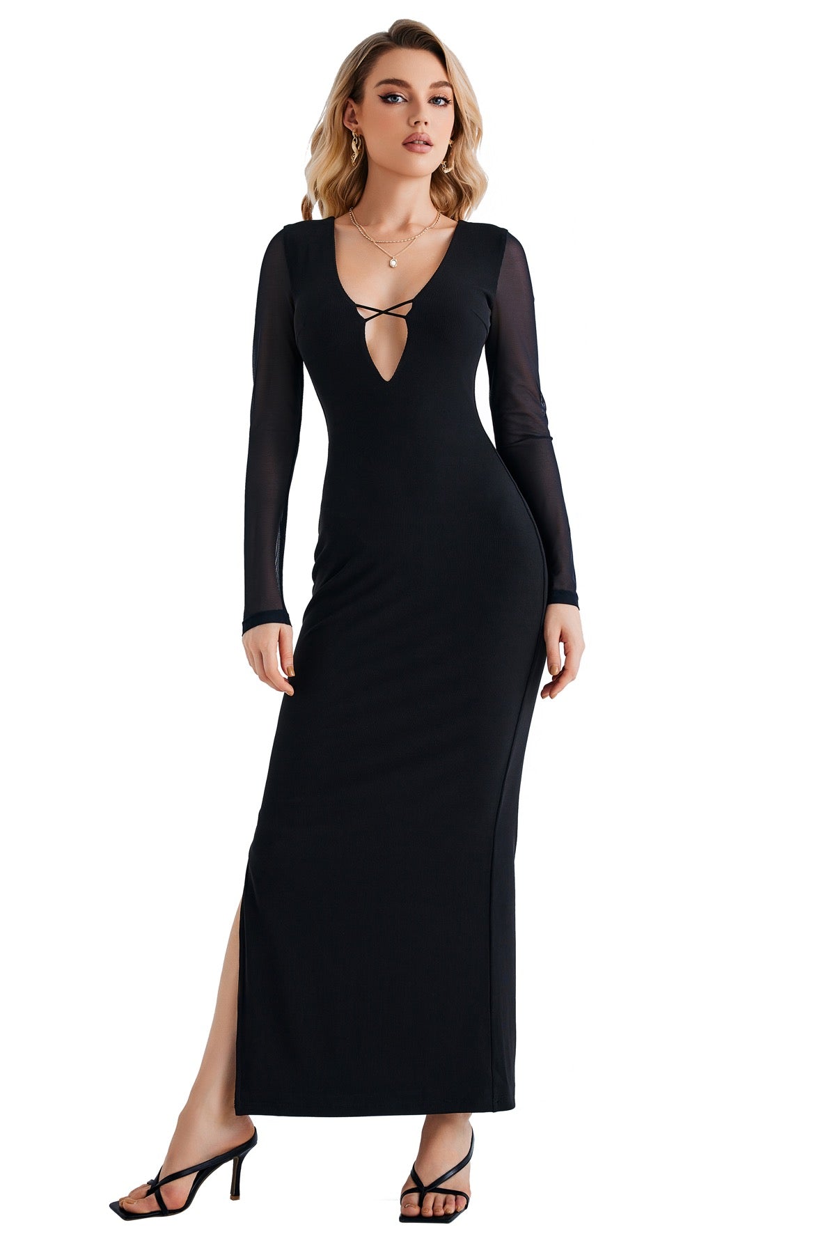 See-through long sleeves Side Split Plain Maxi Dresses