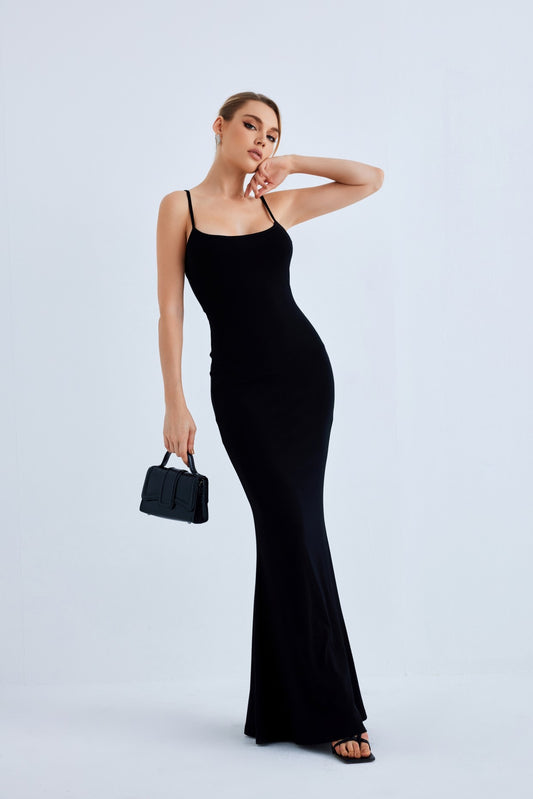 Women Black Bodycon Spaghetti Strap Long Maxi Dresses