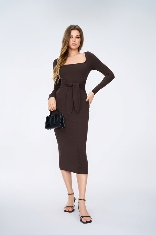 Women Long Sleeve Square Neck Bodycon Maxi Dress