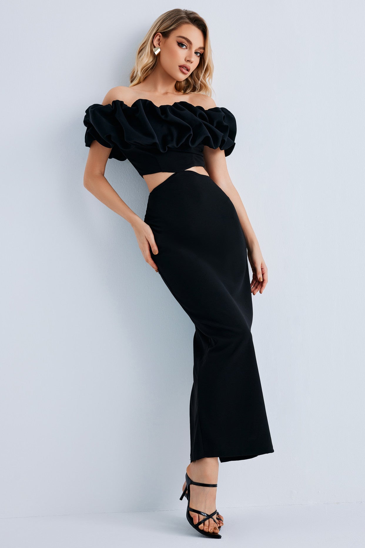 Women Off Shoulder Ruffle Bodycon Maxi Dress